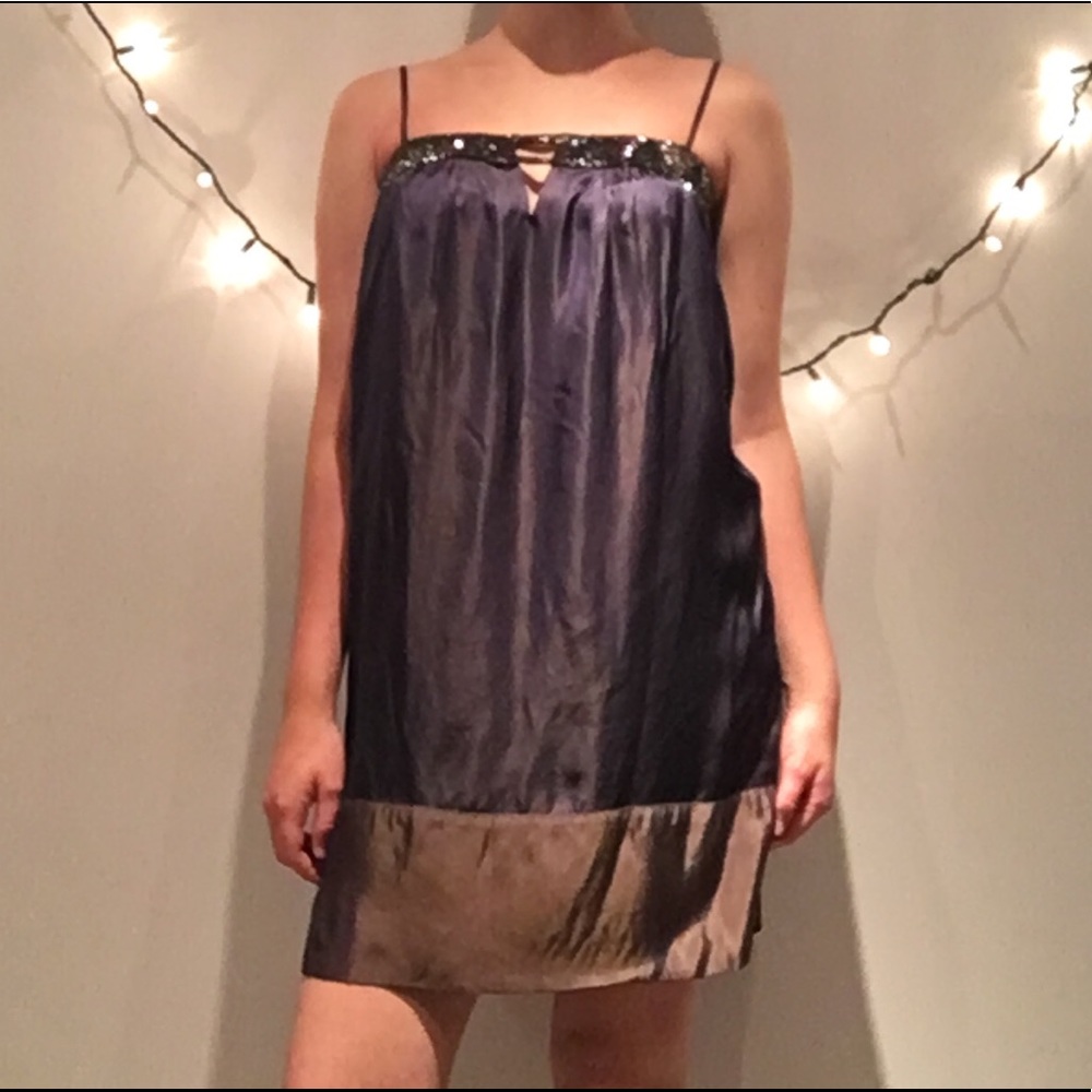 BCBGMaxAzria Satin Slip Beaded Neck Cocktail Dress